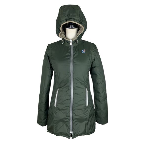 K-Way Denise St Thermo Reversible Down Zip Up Hooded Jacket Olive Green Sz Small - Picture 1 of 15